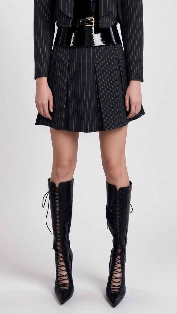 Black Pinstripe Pleated Mini Skirt