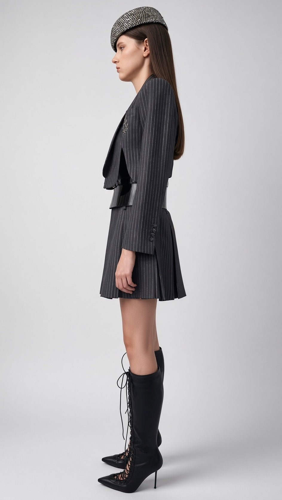 Black Pinstripe Cropped Tailored Jacket
