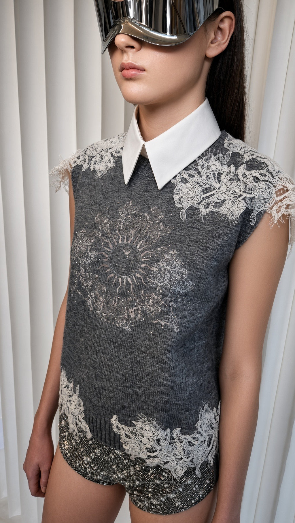 Charcoal Lace-Trim Sleeveless Knit Top