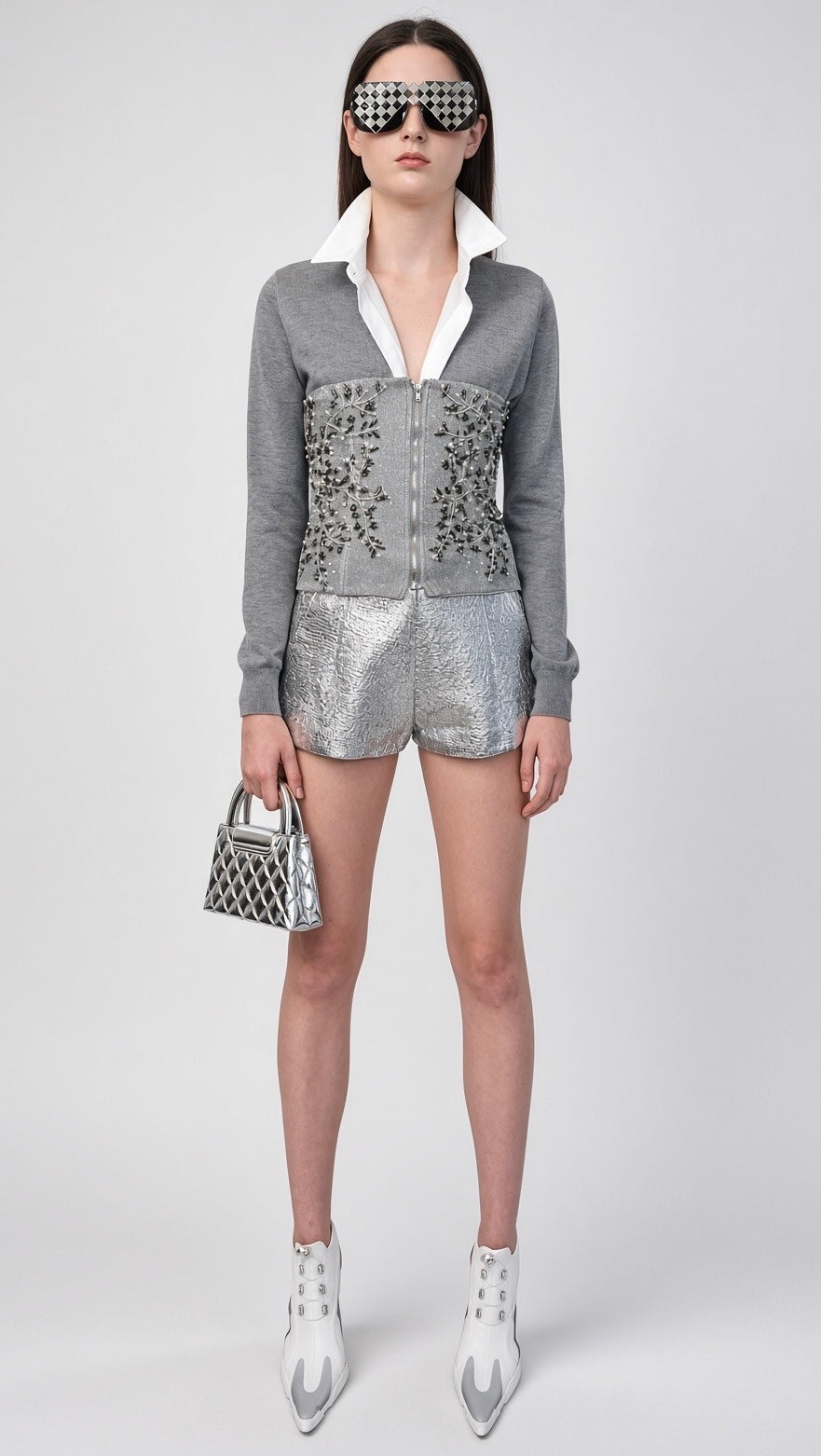 Grey Beaded Vine Zip-Front Corset