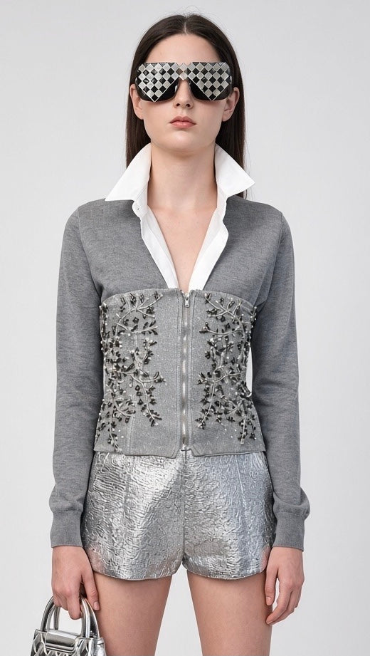 Grey V-Neck Long-Sleeve 2 in 1  Knit Top
