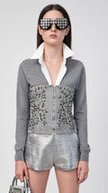 Grey V-Neck Long-Sleeve 2 in 1  Knit Top