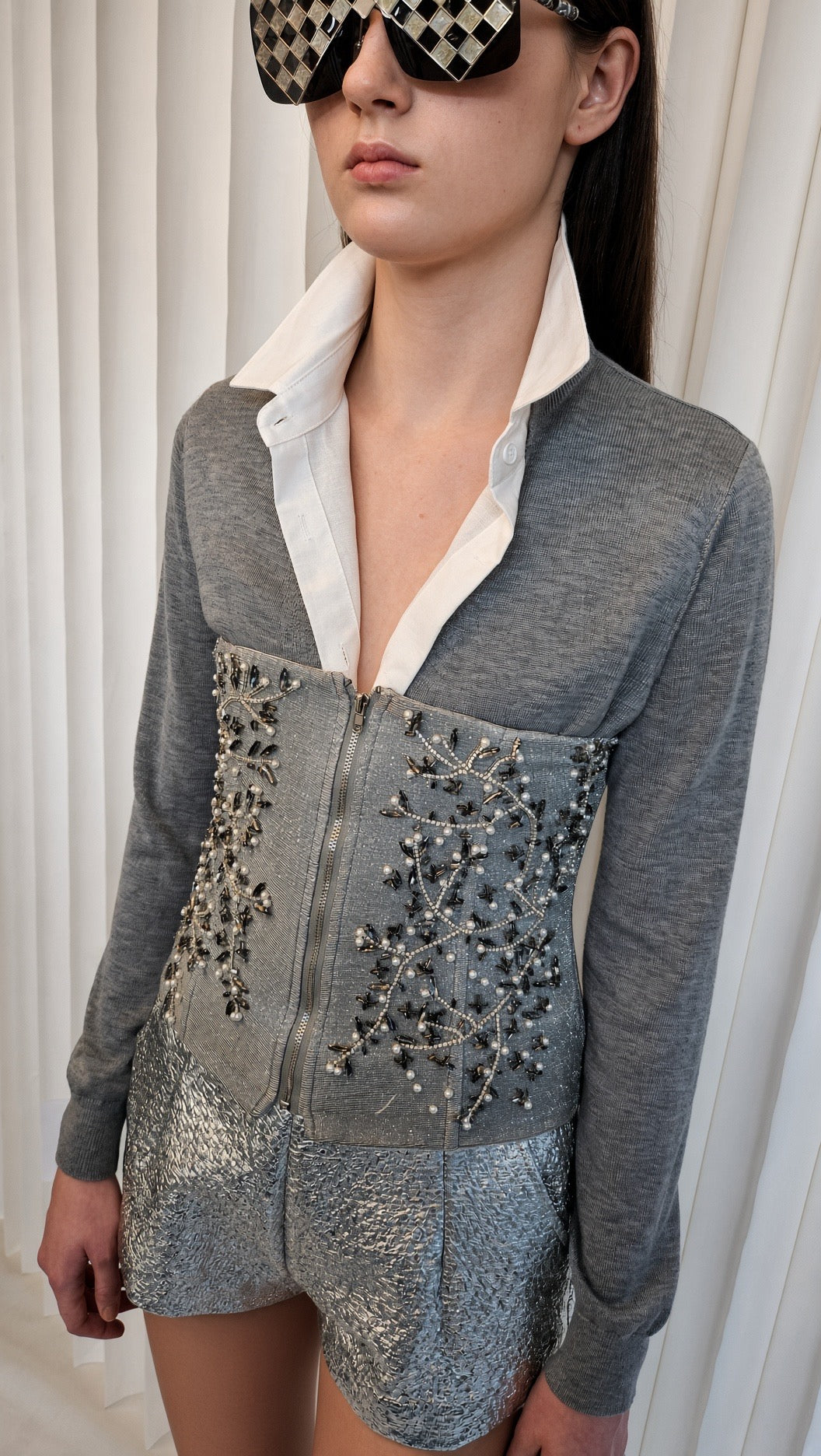 Grey V-Neck Long-Sleeve 2 in 1  Knit Top