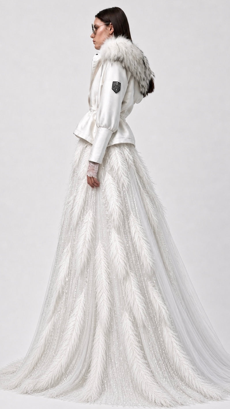 White Feather-Embellished Sheer Maxi Dress