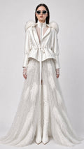 White Feather-Hooded Belted Jacket