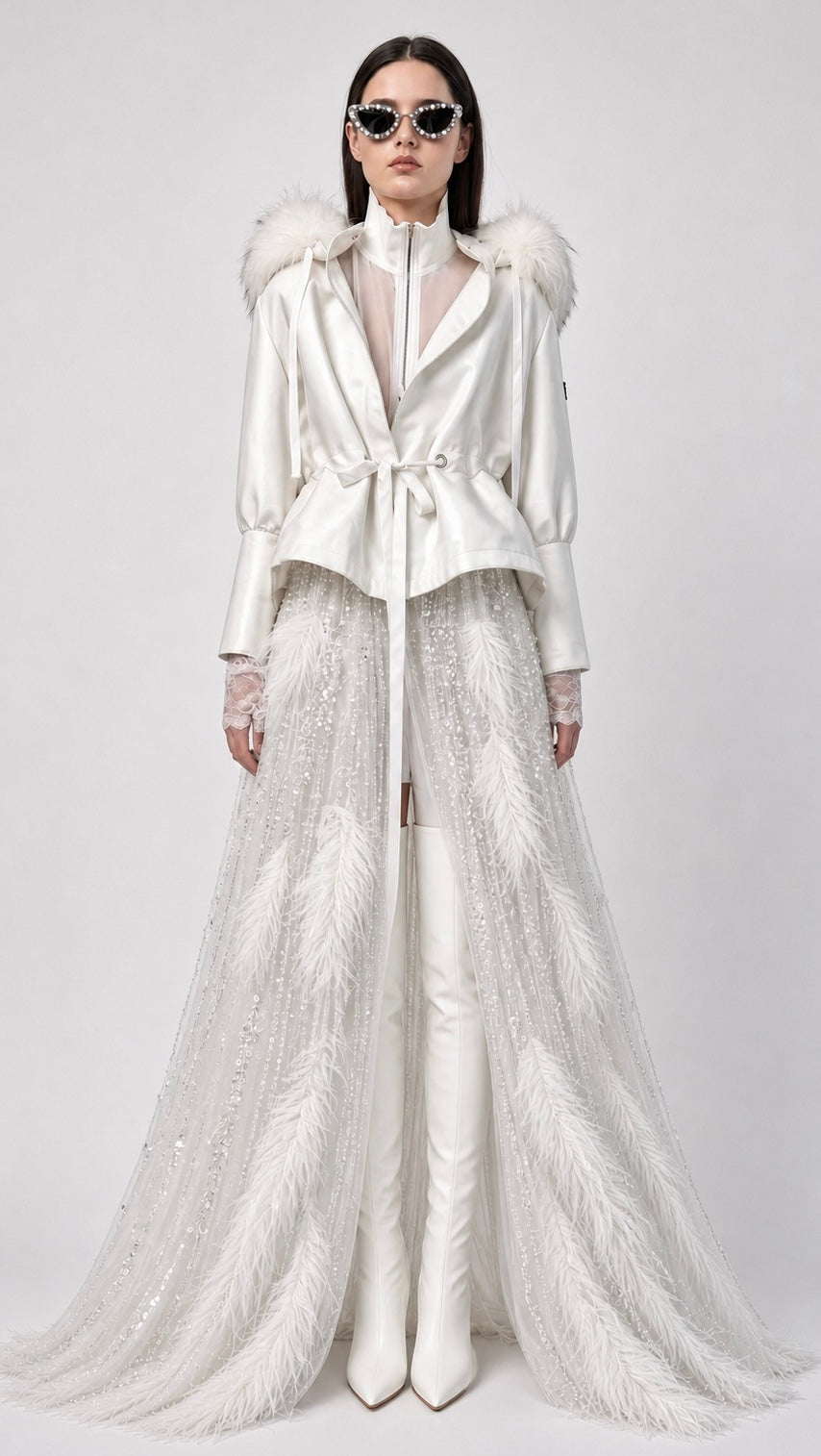 White Feather-Hooded Belted Jacket