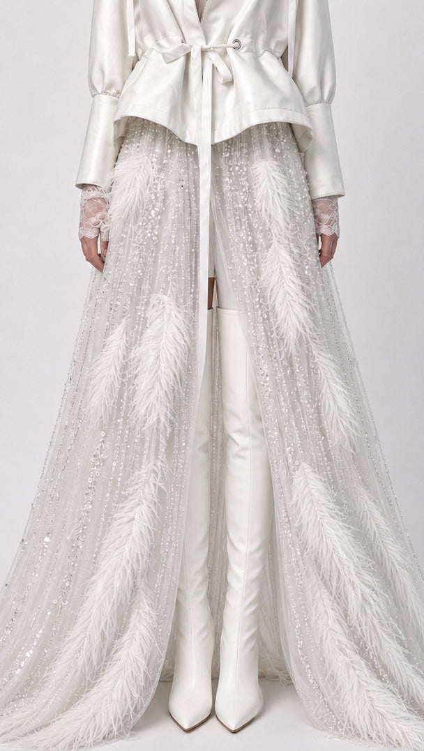 White Feather-Embellished Sheer Maxi Dress