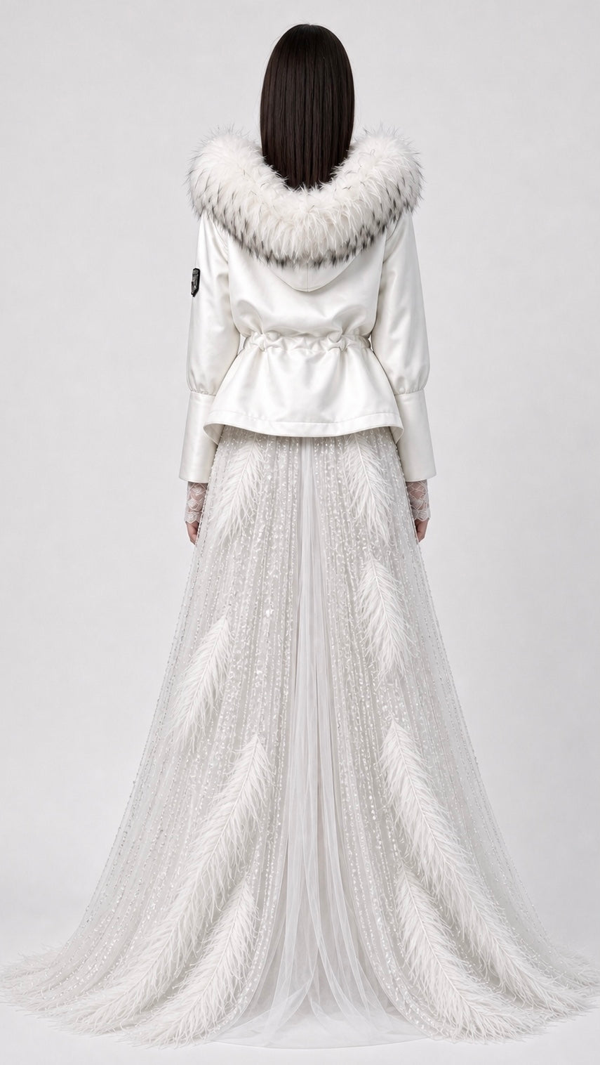 White Feather-Embellished Sheer Maxi Dress