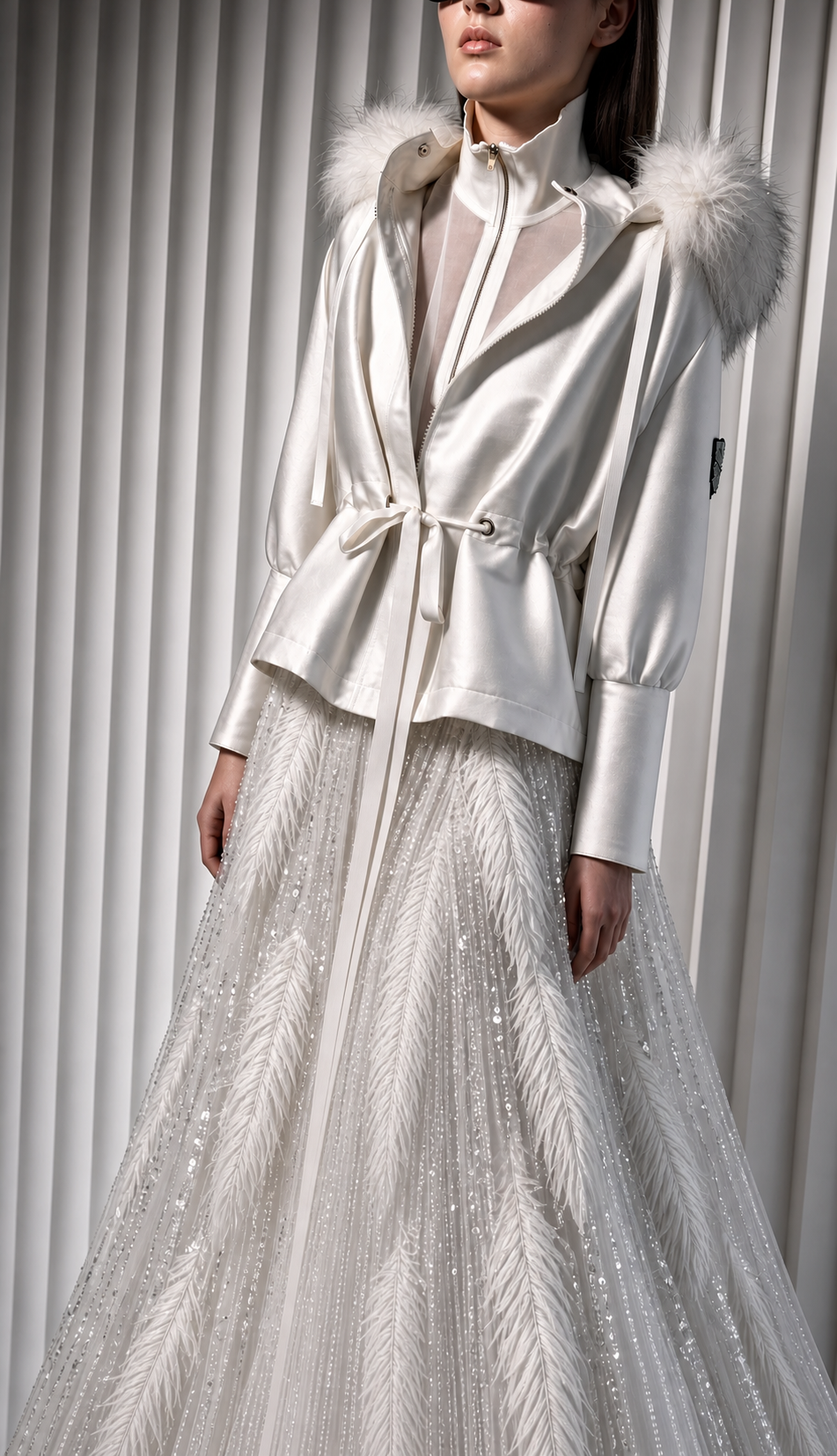 White Feather-Hooded Belted Jacket