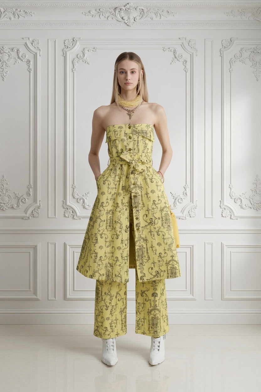 Yellow Rococo Print Denim Dress